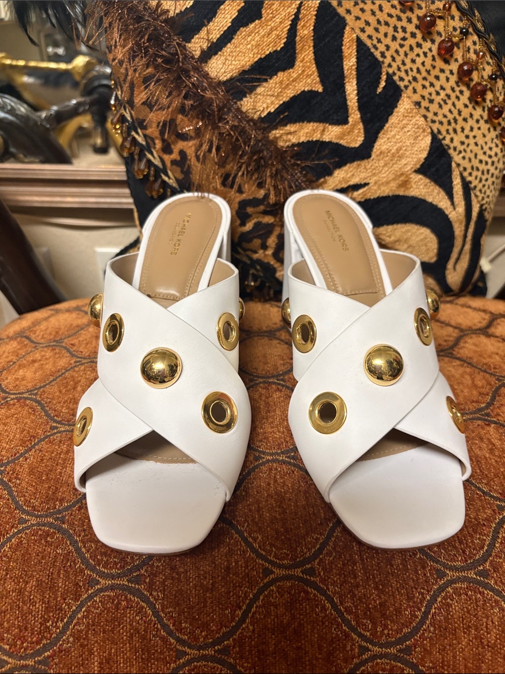 Michael Kors White Leather Crisscross Slide Mules with Gold Grommets